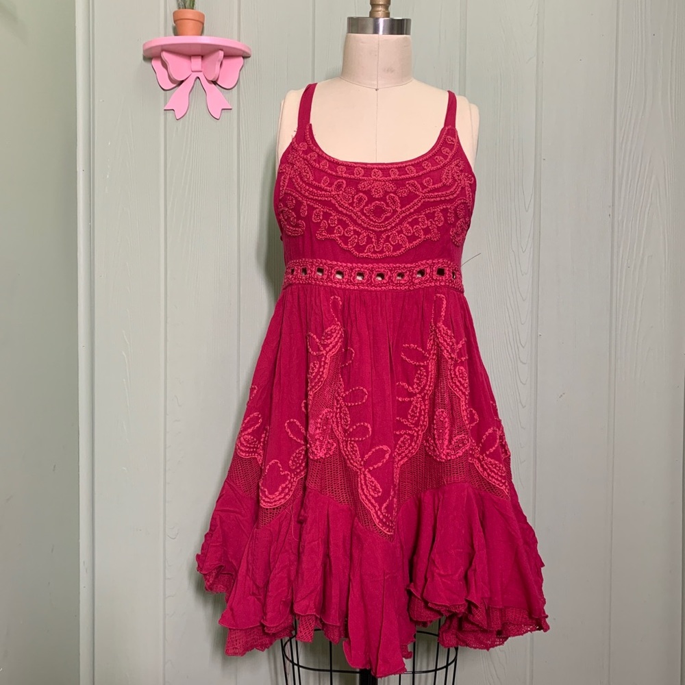 Free People Fuchsia Embroidered Mini Sundress